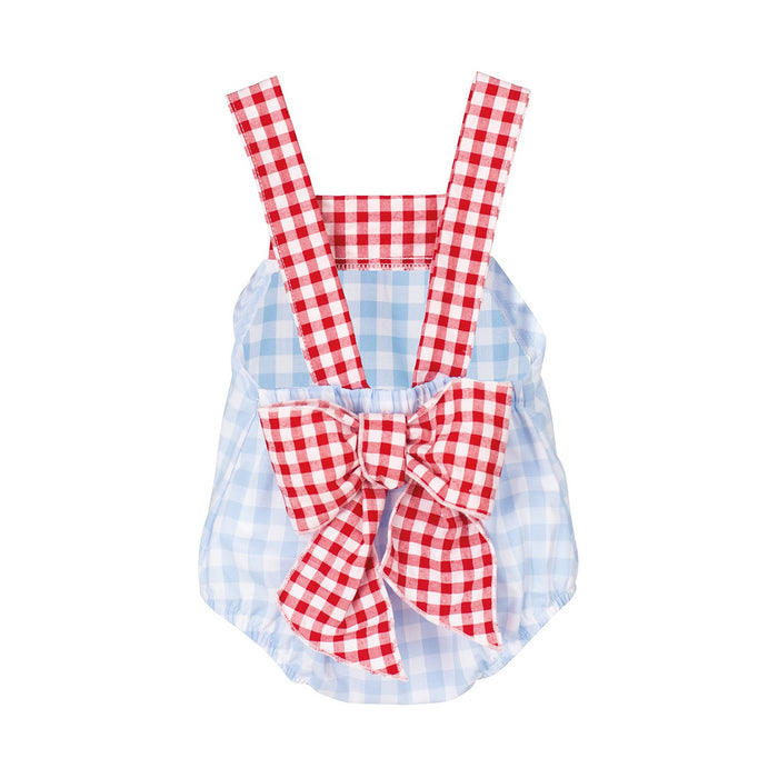 Red and blue gingham romper