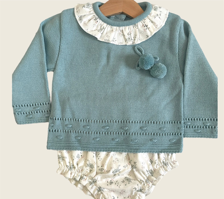 Knitted green romper and baby set