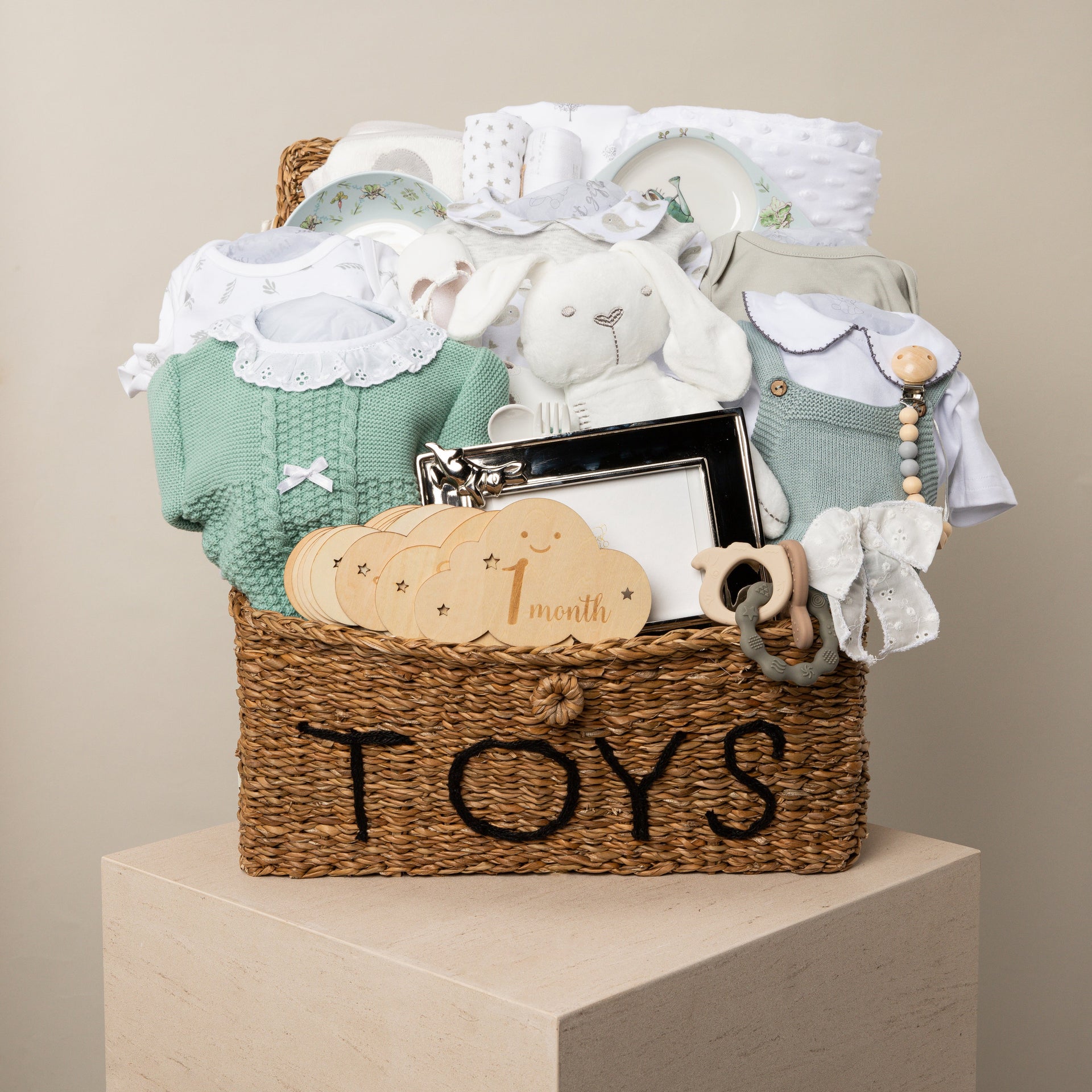 silver rabbit neutral baby gift basket